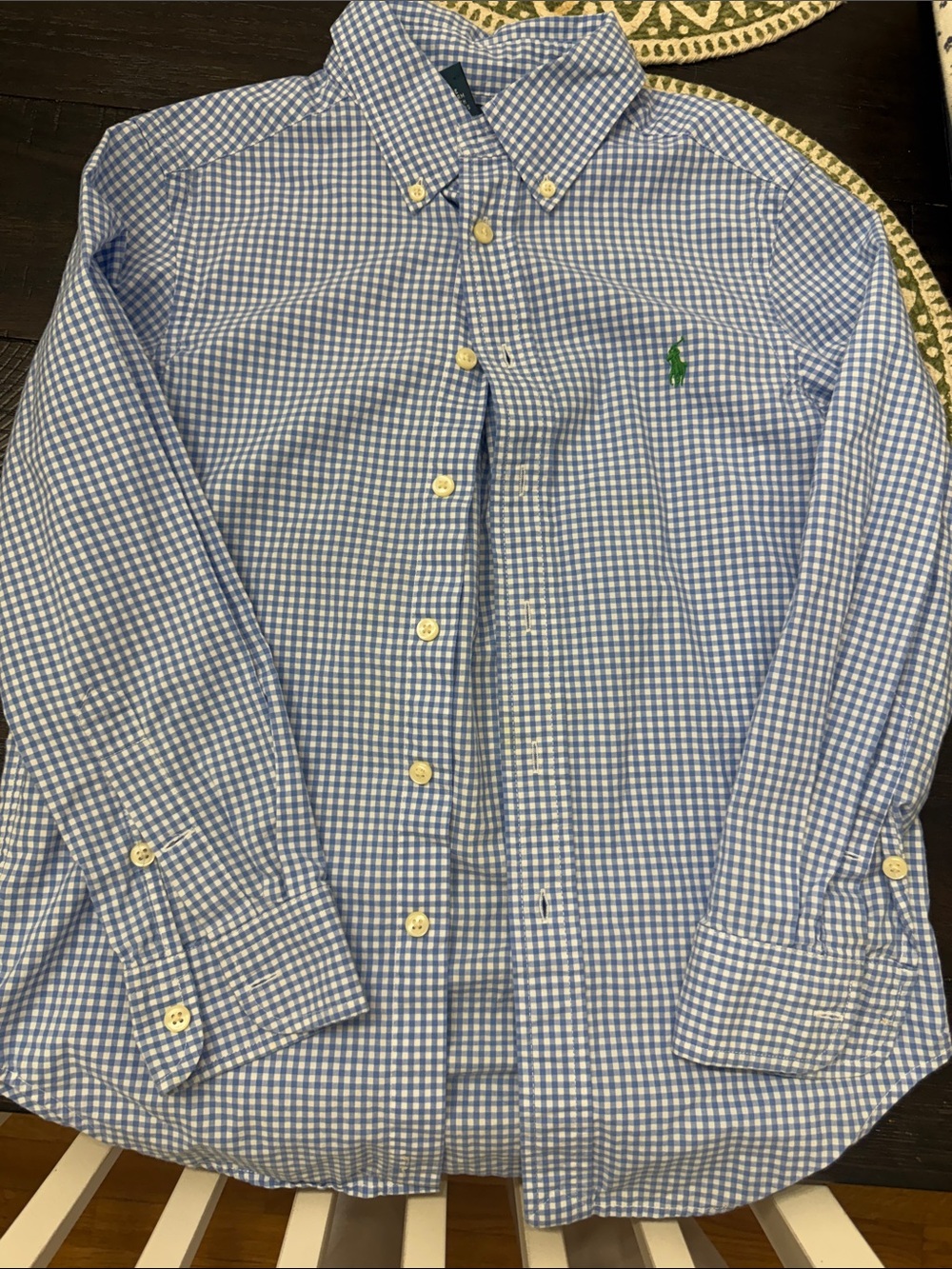 Boys Ralph Lauren Blue and White Gingham Button-Down Shirt with Green Pony